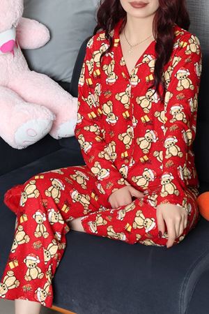Kadın Süet Düğmeli Pijama Takımı Kırmızıvizon