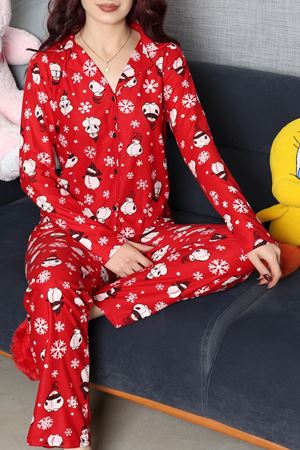 Kadın Süet Düğmeli Pijama Takımı Kırmızıbeyaz