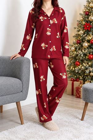 Kadın Süet Düğmeli Pijama Takımı Bordo