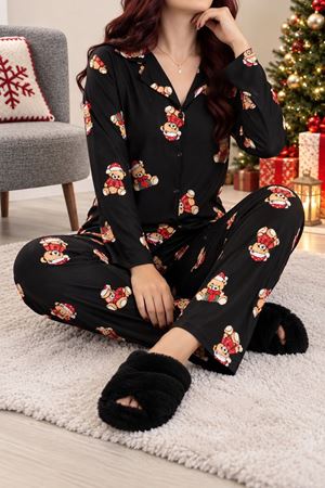 Kadın Süet Düğmeli Pijama Takımı Siyahkırmızı