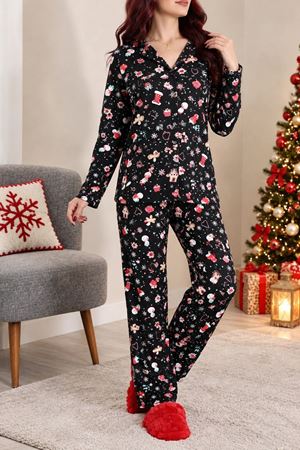 Kadın Süet Düğmeli Pijama Takımı Siyahvizon