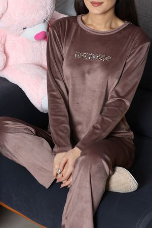 Kadın Fransız Kadife Enjeksiyon Baskı Pijama Takımı Vizon