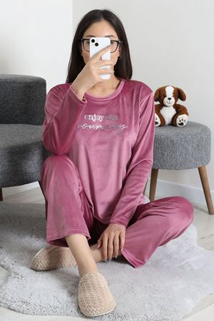 Kadın Fransız Kadife Enjeksiyon Baskı Pijama Takımı Gül Kurusu