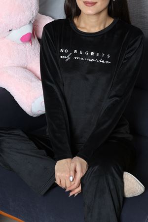 Kadın Fransız Kadife Enjeksiyon Baskı Pijama Takımı Siyah