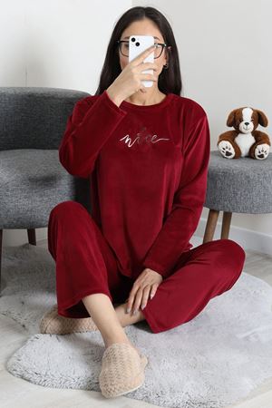 Kadın Fransız Kadife Enjeksiyon Baskı Pijama Takımı Bordo