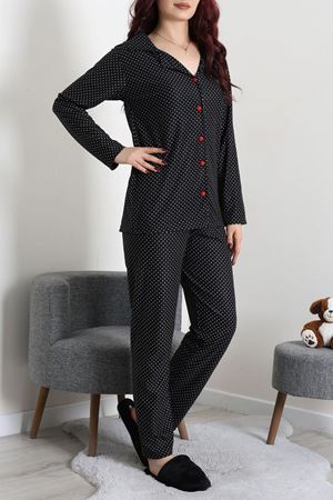 Kadın Süet Düğmeli Pijama Takımı Siyahpuanlı