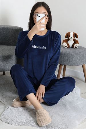 Kadın Fransız Kadife Enjeksiyon Baskı Pijama Takımı Lacivert