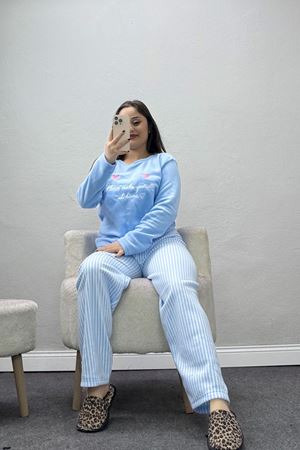 Kadın Polar Baskılı Pijama Takımı Açıkmavi