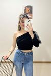Tek Kol Büzgülü Bluz Siyah - 3192.1595.