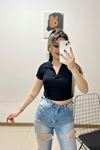 Polo Yaka Crop Bluz Siyah - 10939.1723.