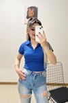 Polo Yaka Crop Bluz Saks - 10939.1723.