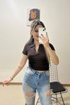 Polo Yaka Crop Bluz Acıkahve - 10939.1723.