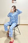 Önü Düğmeli Pijama Takımı Mavibeyaz - 150.1287.