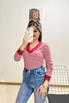 Çizgili V Yaka Body Kırmızı - 12173.1567.