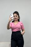 Dantel Detaylı V Yaka Kaşkorse Body Pembe - 70061.599.