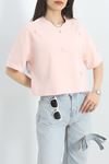 Kurdele Detay Oversize Crop Tişört Pudra - 30614.1872.