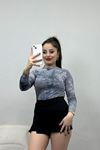 Desenli Dik Yaka Bluz Mavigri - 20174.1840.