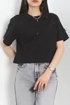 Kurdele Detay Oversize Crop Tişört Siyah - 30614.1872.