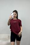 Baskılı Bisiklet Yaka Lüks Penye Tişört Bordo - 80103.1878.
