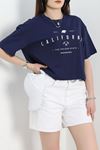 Baskılı Oversize Crop Tişört Lacivert - 30391.1872.