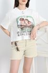 Baskılı Oversize Crop Tişört Beyaz - 30391.1872.