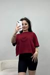 Yanları Yırtmaçlı Bisiklet Yaka Tişört Bordo - 21929.200.