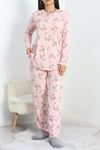 Önü Düğmeli Kompak Kumaş Pijama Takımı Pudra - 40970.1931.