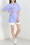 Lüx Penye Baskılı Oversize Tişört Lila - 30524.1878.