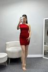Tek Omuz Simli Krep Elbise Kırmızı - 582984.1592.