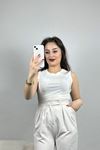Dikiş Detay Sıfır Kol Bluz Ekru - 40784.1723.