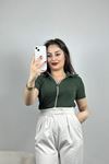 Fermuar Detay Gömlek Yaka Body Haki - 70050.599.