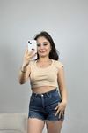 Geniş Yaka Crop Bluz Bej - 41251.1723.