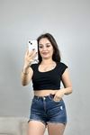 Geniş Yaka Crop Bluz Siyah - 41251.1723.