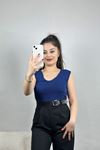 V Yaka Sıfır Kol Bluz Lacivert - 40787.1723.
