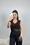 V Yaka Sıfır Kol Crop Atlet Acıkahve - 40793.1723.