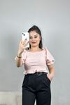 Kareli Büzgülü Bluz Pudra - 41179.155.