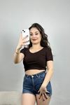 V Yaka Crop Bluz Acıkahve - 41244.1723.