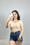 V Yaka Crop Bluz Bej - 41244.1723.