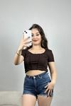 Dikiş Detay Crop Bluz Acıkahve - 41245.1723.
