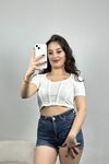 Dikiş Detay Crop Bluz Ekru - 41245.1723.