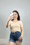 Ön Arka V Yaka Crop Bluz Bej - 41250.1723.