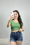 Ön Arka V Yaka Crop Bluz Çağla - 41250.1723.