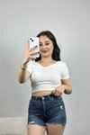 Ön Arka V Yaka Crop Bluz Ekru - 41250.1723.