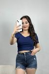 Ön Arka V Yaka Crop Bluz Lacivert - 41250.1723.