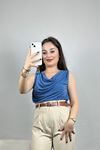 Degaje Yaka Drapeli Bluz İndigo - 70332.1949.