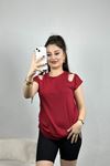 Omuz Kesik İnci Detaylı Viskon Bluz Bordo - 80057.599.