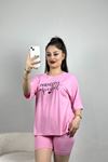Viskon Baskılı Şortlu Takım Pembe - 50323.1857.