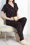 Milan Kumaş Düğmeli Pijama Takımı Siyahkırmızı - 50579.1950.
