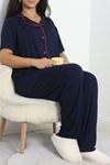 Modal Büyük Beden Düğmeli Pijama Takımı Lacivert - 745.1287.