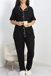 Modal Büyük Beden Düğmeli Pijama Takımı Siyah - 745.1287.